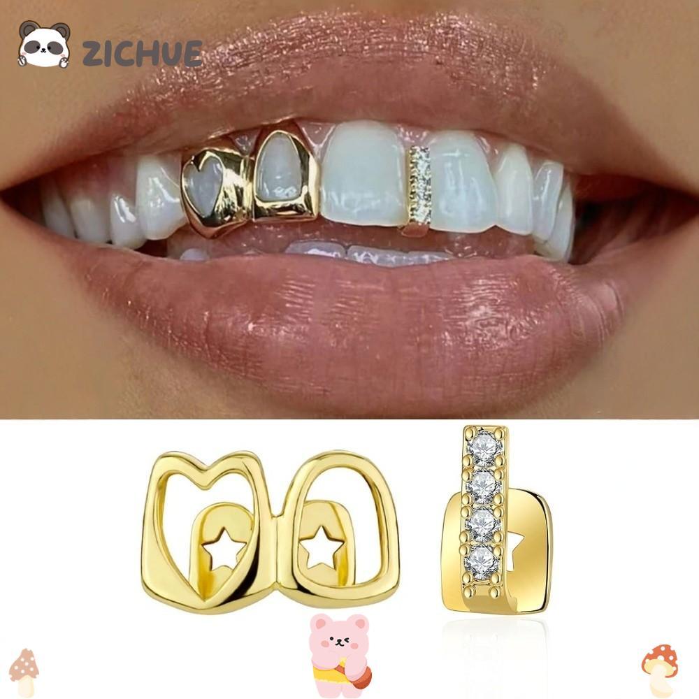 ZICHUE Hip Hop Răng Grillz, Đồng Sáng Bóng Grillz, Màu Vàng Đôi Trái Tim Rỗng Răng Mũ Nữ