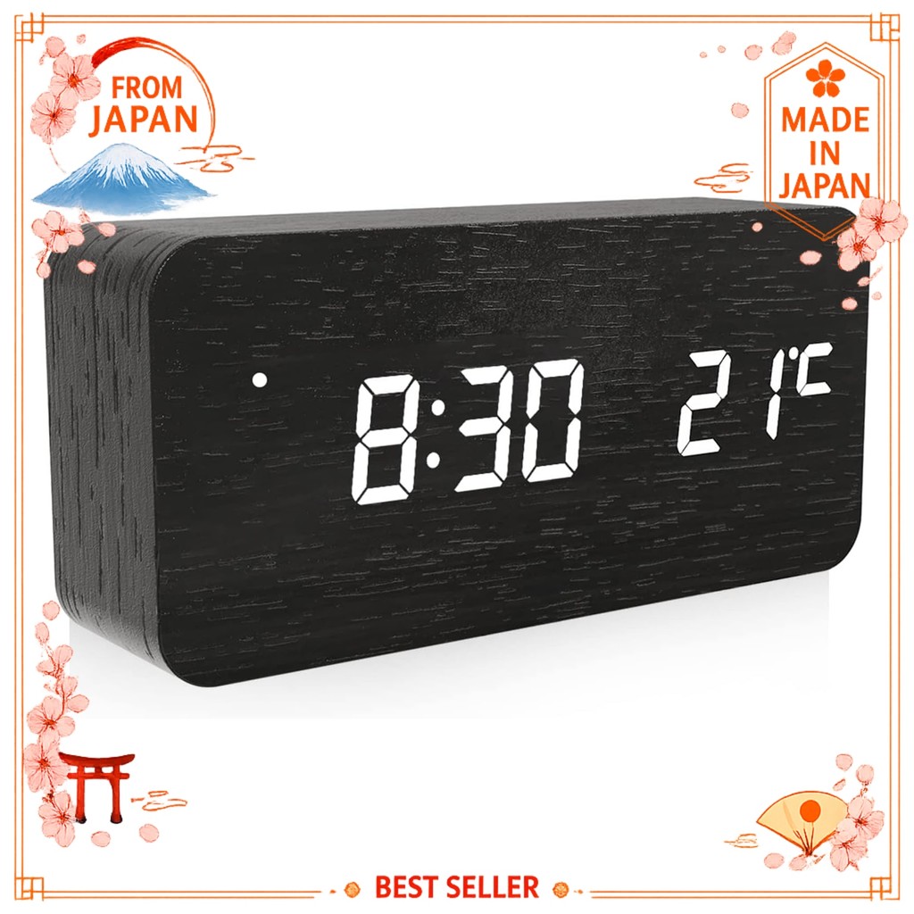Digital Alarm Clock Wooden Table Clock LED Time Display 3 Alarm Clock Settings USB Powered Temperatu