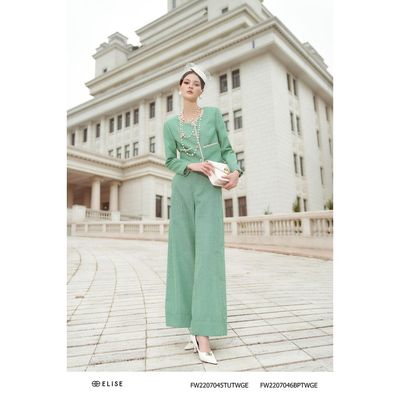 Quần suông dạ tweed xanh kẻ thiết kế Elise FW2207046BPTWGE