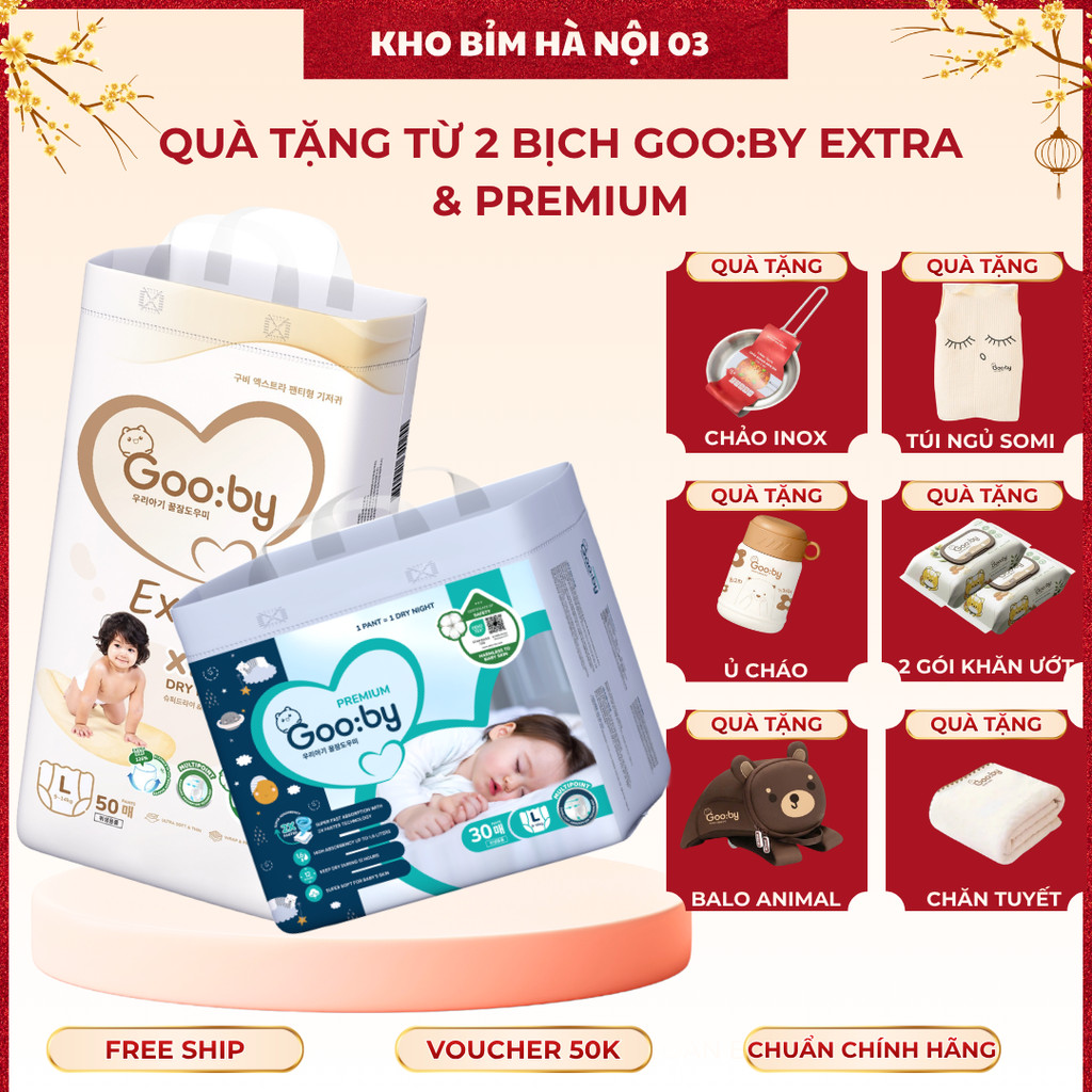 [KÈM QUÀ] Combo 2 bịch Tã/Bỉm Gooby Extra Ngày, Gooby Premium Đêm Chính hãng, giá tốt HANOI03