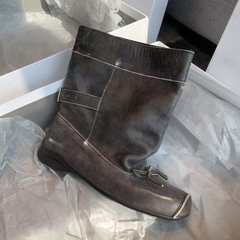 Sheepskin Version~Square-toed retro bowknot thick-soled ballet-style short boots, slimming wide-shaf