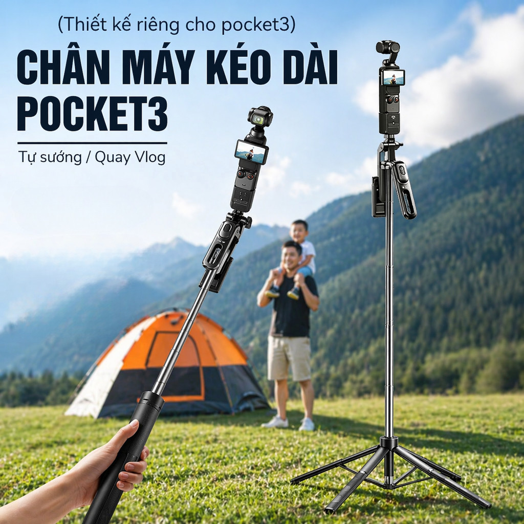 Gậy Selfie Tripod 1.8m Cho DJI Pocket 3, Chân Máy Ảnh Kéo Dài Đứng Sàn