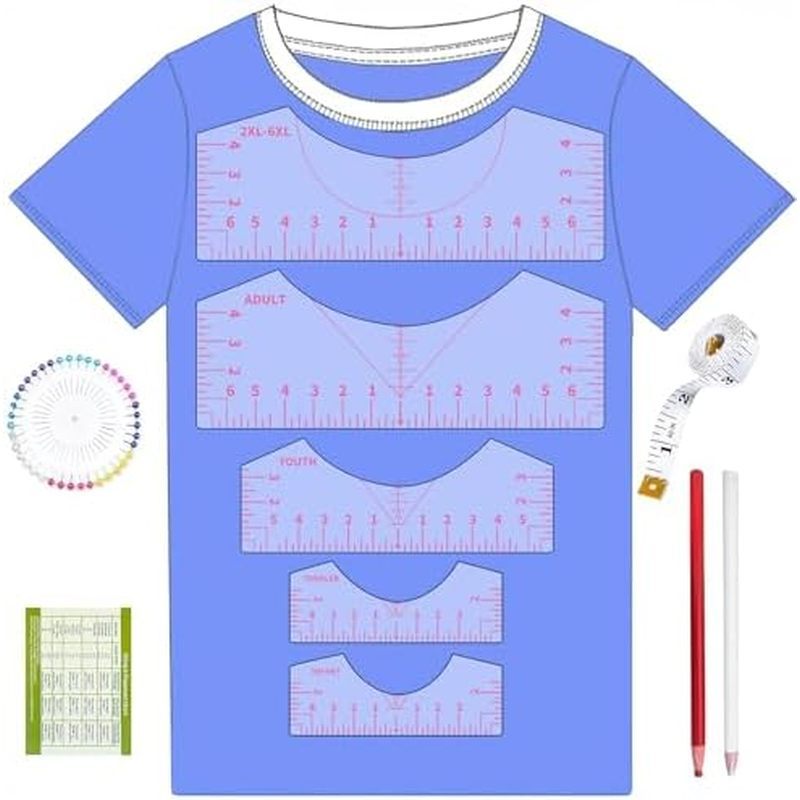 9Pcs Tshirt-Ruler Guide to Center Vinyl, Transparent V-Neck/Round PVC Ruler for Alignment, Heat Pres