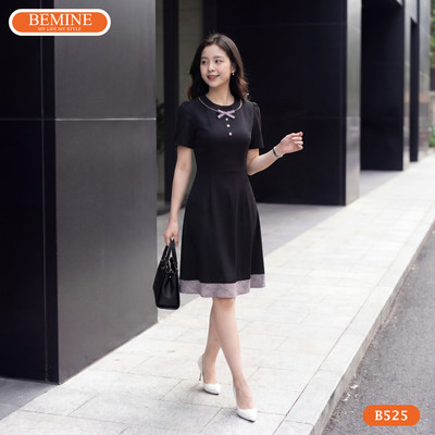 Đầm thiết kế BEMINE cổ tròn viền phối caro dáng chữ a phù hợp đi làm- B525