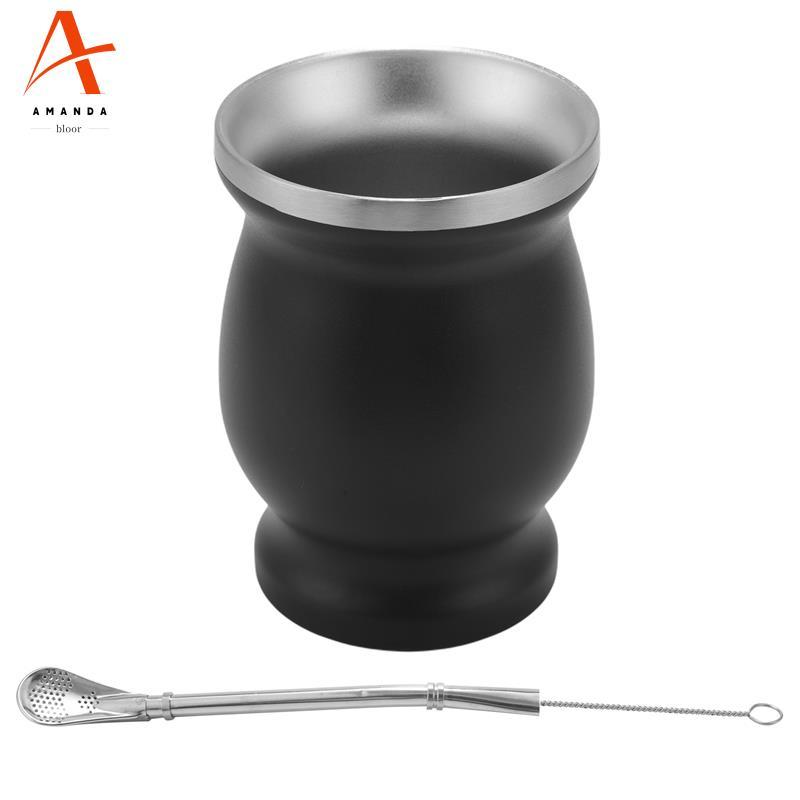Yerba Mate Gourd Set Cốc trà không gỉ hai lớp và Bombilla 8 Ounce Bombillas Yerba Mate Straw - Đen