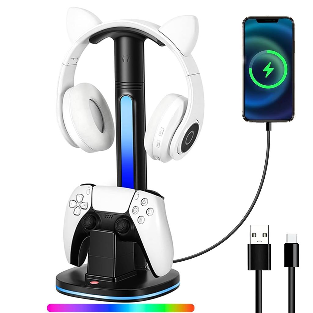 Đế sạc bộ điều khiển PS5 có giá đỡ tai nghe RGB | Trạm sạc nhanh USB kép 2 trong 1 cho bộ điều khiển