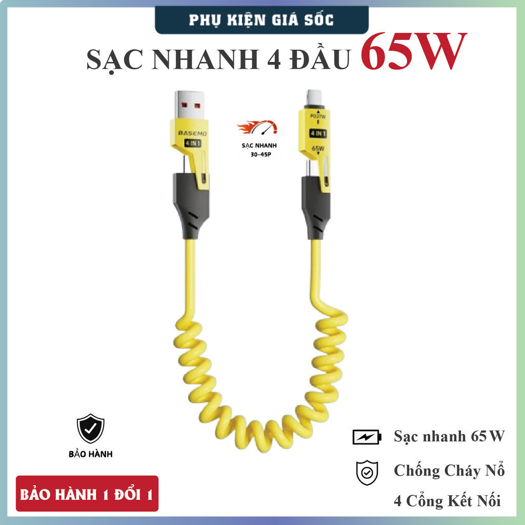 Cáp sạc nhanh 4 đầu 65W. Cáp sạc 4in1 - Cáp sạc lò xo đầu cáp kim loại. Dây sạc điện thoại, Dây sạc 