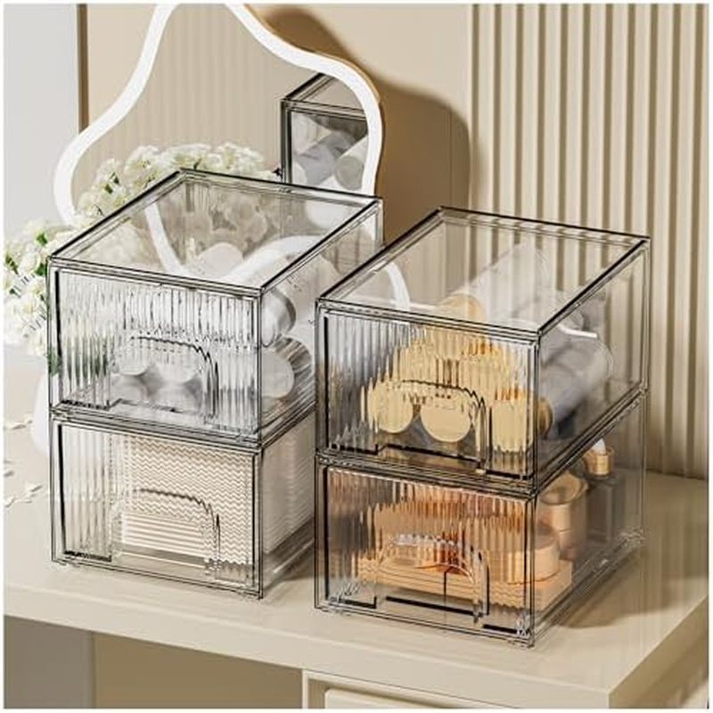 ZHIAI 2 Pack Clear Stackable Cosmetic Organizer, Acrylic Drawer, Plastic Organizer for Dresser, Vani