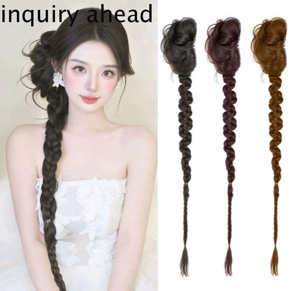 YÊU CẦU AHEAD Twist Braids Bun Tóc giả, Fluffy Headband Bím dài Buns Hairpiece, Vintage Claw Clip Si
