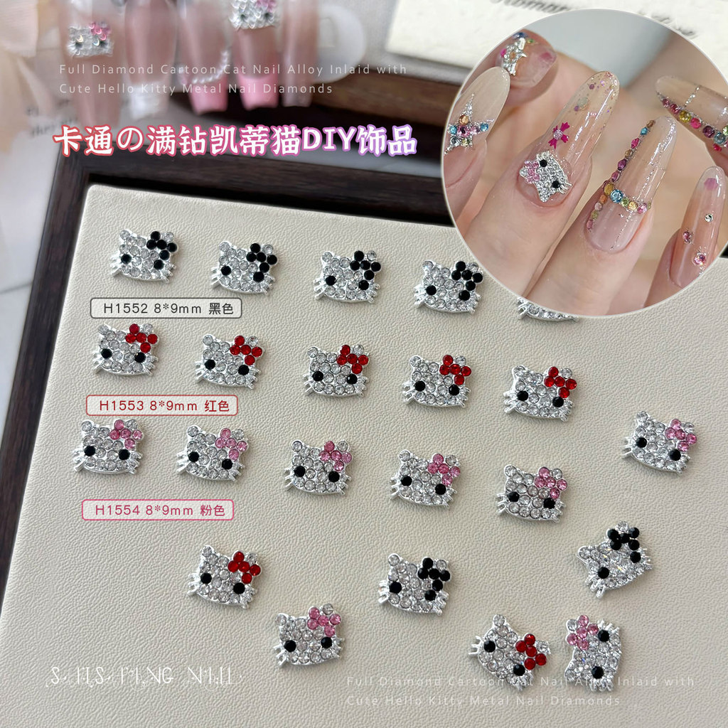 Full Diamond Kitty Cat Làm Móng Tay Trang Sức Hoạt Hình Dễ Thương Hợp Kim Kim Kim Cương Hello Kitty 