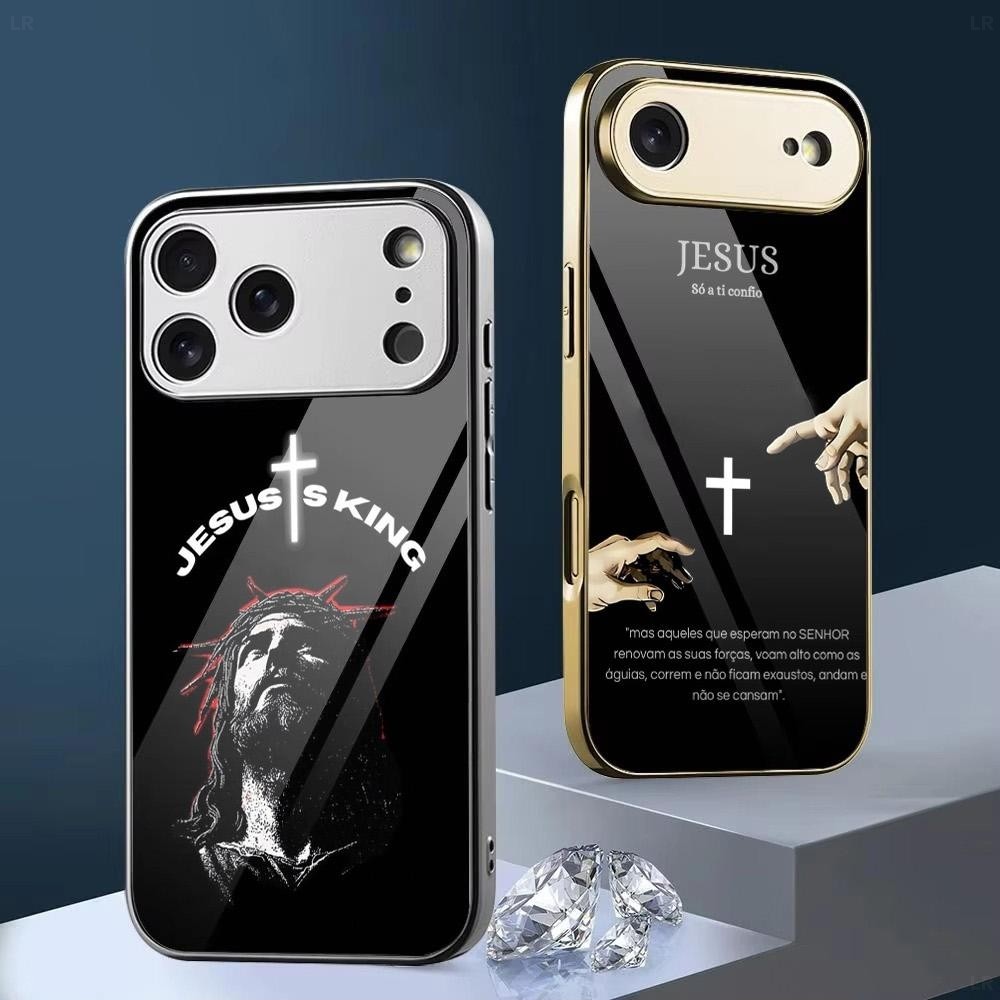 Ốp điện thoại kính cường lực kim loại Jesus Is King 03 cho iPhone 17 16 15 14 13 12 11 Pro Max 15 14