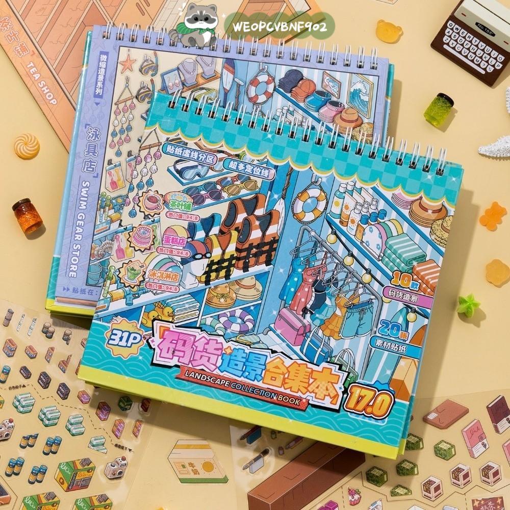 WEOPCVBNF902 Sticker Book, PET Bakery Post Office Scenery Sticker, Shop Scene 10 Cảnh Sách Đồ Bơi Cả