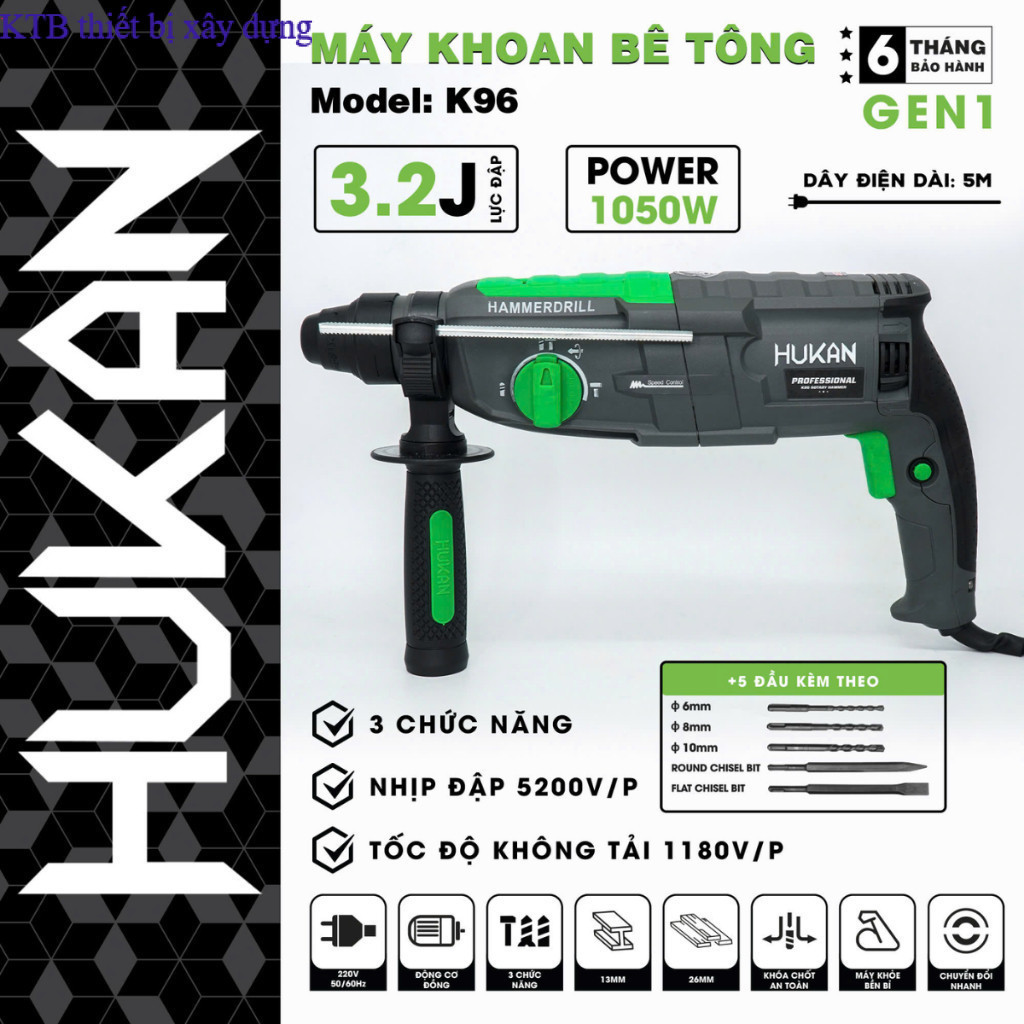 Máy Khoan Bê Tông HUKAN K96 3 Chức Năng Đa Năng Khoan - Cắt - Đục , Công Suất 1050W. G kbt xây dựng
