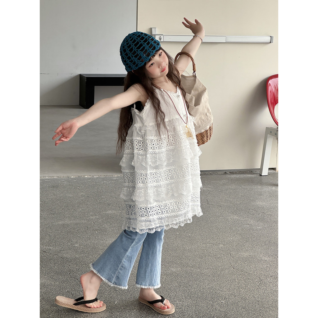 Yu Princess Girls Niche Design Stackable Sling Dress Trẻ em Váy trắng rỗng kiểu Pháp