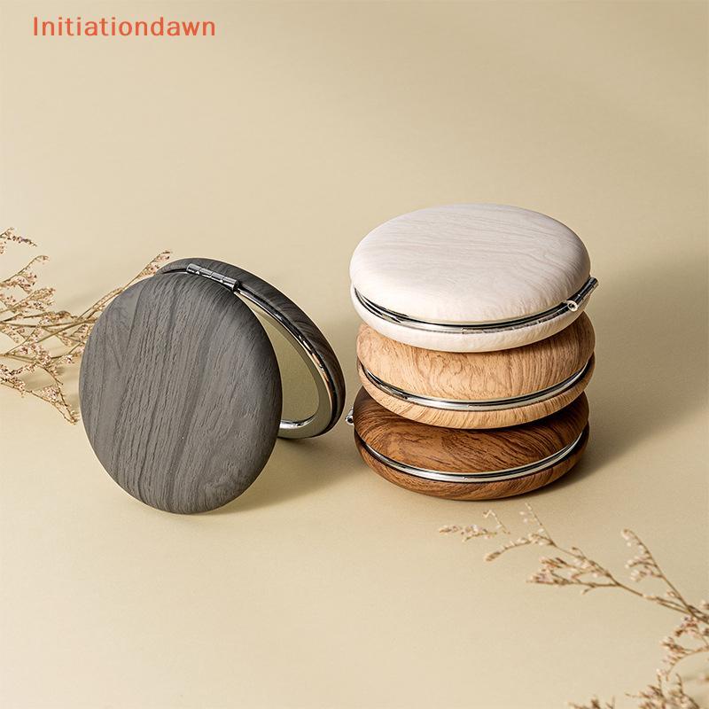 [Initiationdawn] Gương trang điểm cổ điển Mini Hạt gỗ PU Gương gấp tròn Gương trang điểm du lịch Gươ