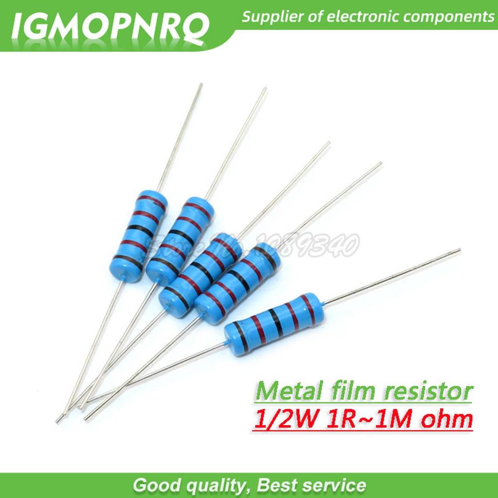 Bộ 50 1 / 2W Kim Loại Phim Điện Trở 5 Màu Vòng 1% 1R - 1M 1R 22R 47R 100R 220R 470R 1K 10K 22K 100K 