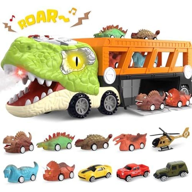 Flower 11 in 1 Dinosaur Toys, Dinosaur Toys for Kids 3-5, Dinosaur Truck with 10 Pull Back Cars, Tod