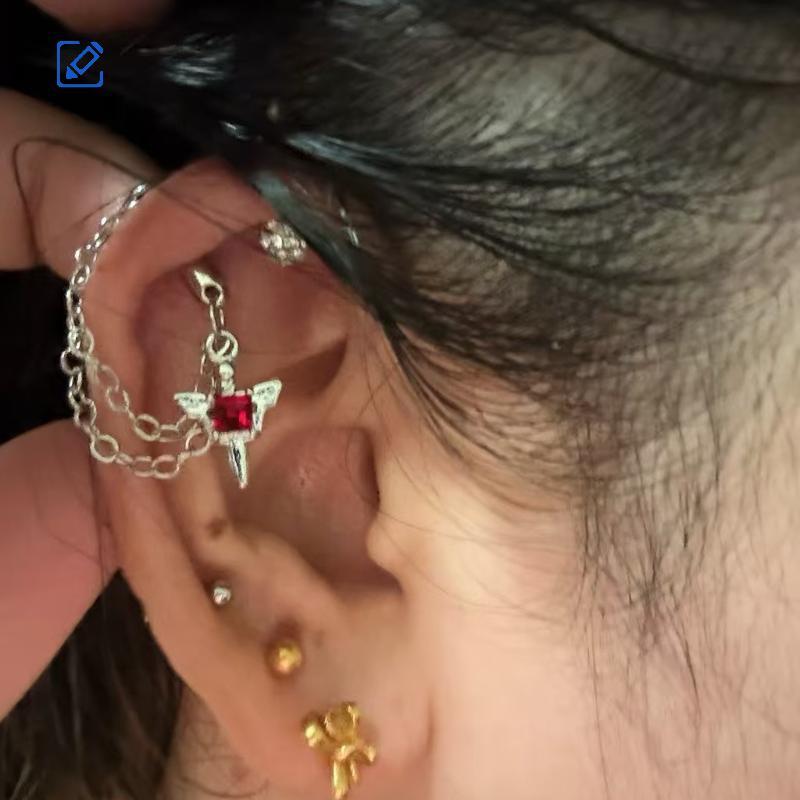 ONew Đỏ Zircon Cánh Dây Xích Xuyên Bông Tai Cho Nữ Gothic Màu Bạc Đinh Tán Xương Tai Móng Tay Y2K Tr
