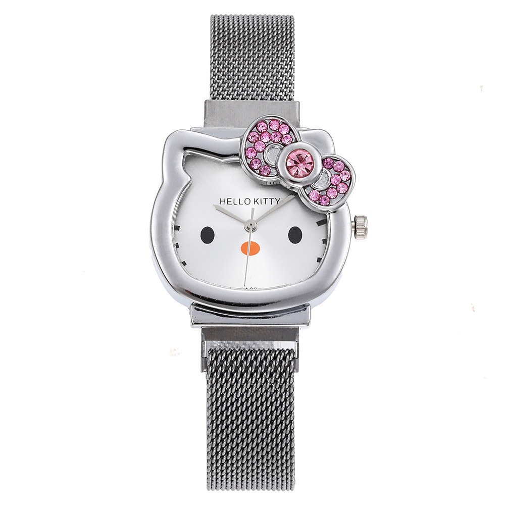 Đồng hồ đeo tay trẻ em bằng vàng bạc Phim hoạt hình học sinh KT Cat Girl Quartz Watch Magnet Watch