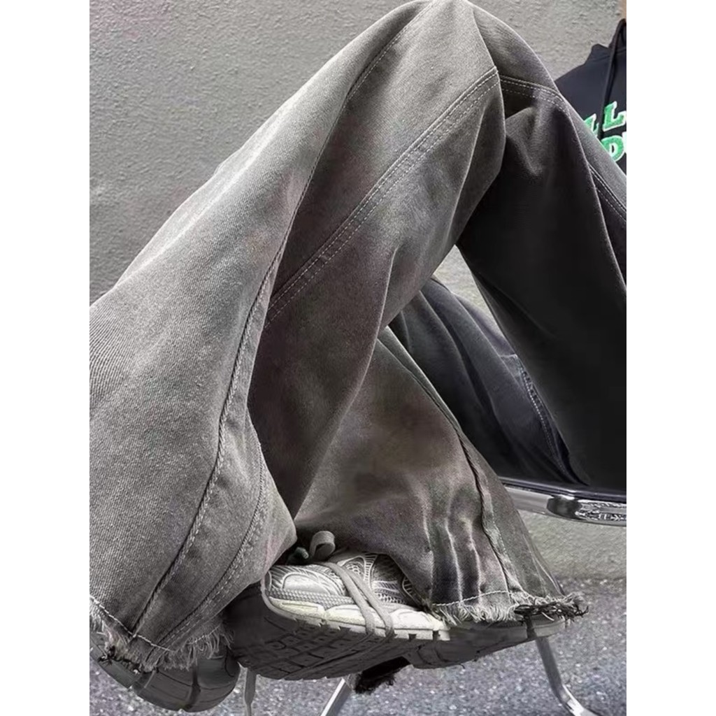 Quần Jean Nam Retro Vintage Viền Raw Edge Gradient, Màu Đen Xám Phù Hợp Xuân Thu