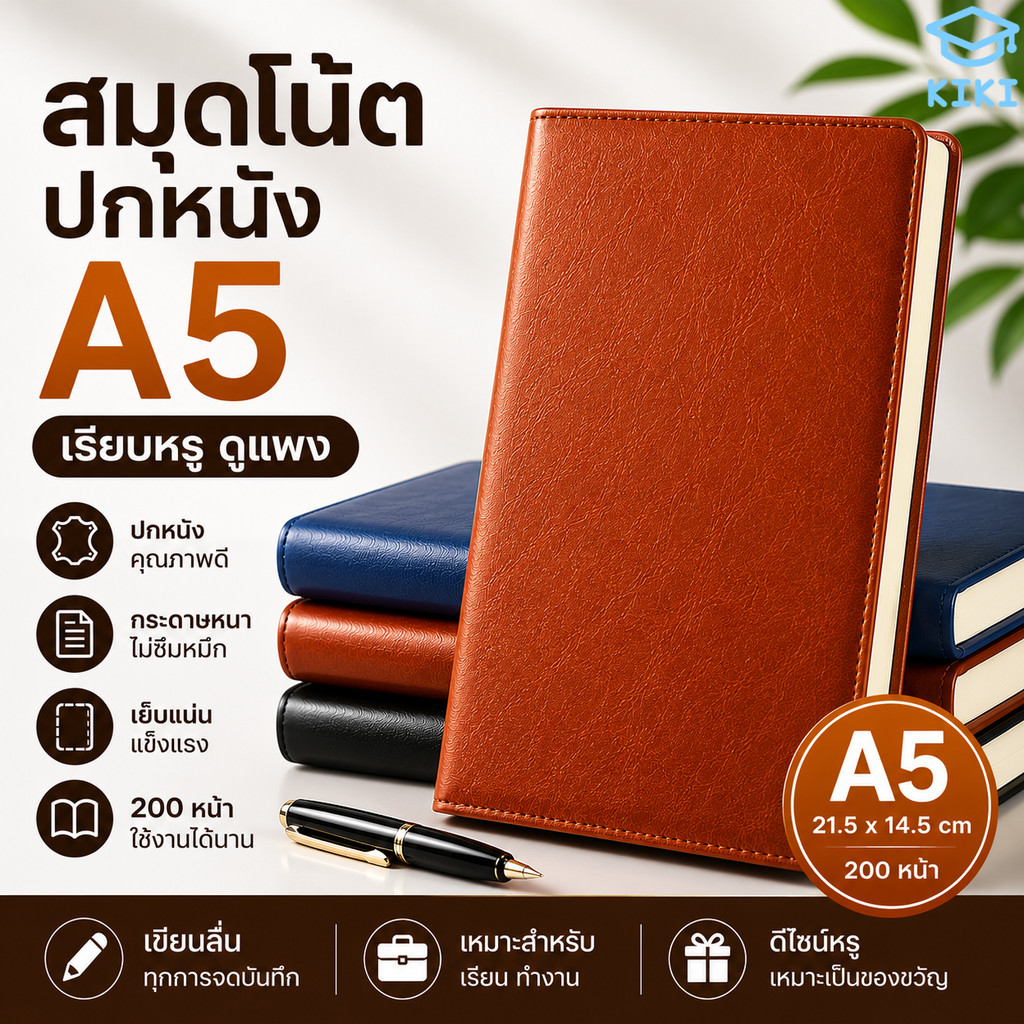 KIKI A5 Notebook Bao Da 200 Trang Giấy Dày Viết Mịn Không Gập Nhật Ký Đơn Giản Và Thanh Lịch A5