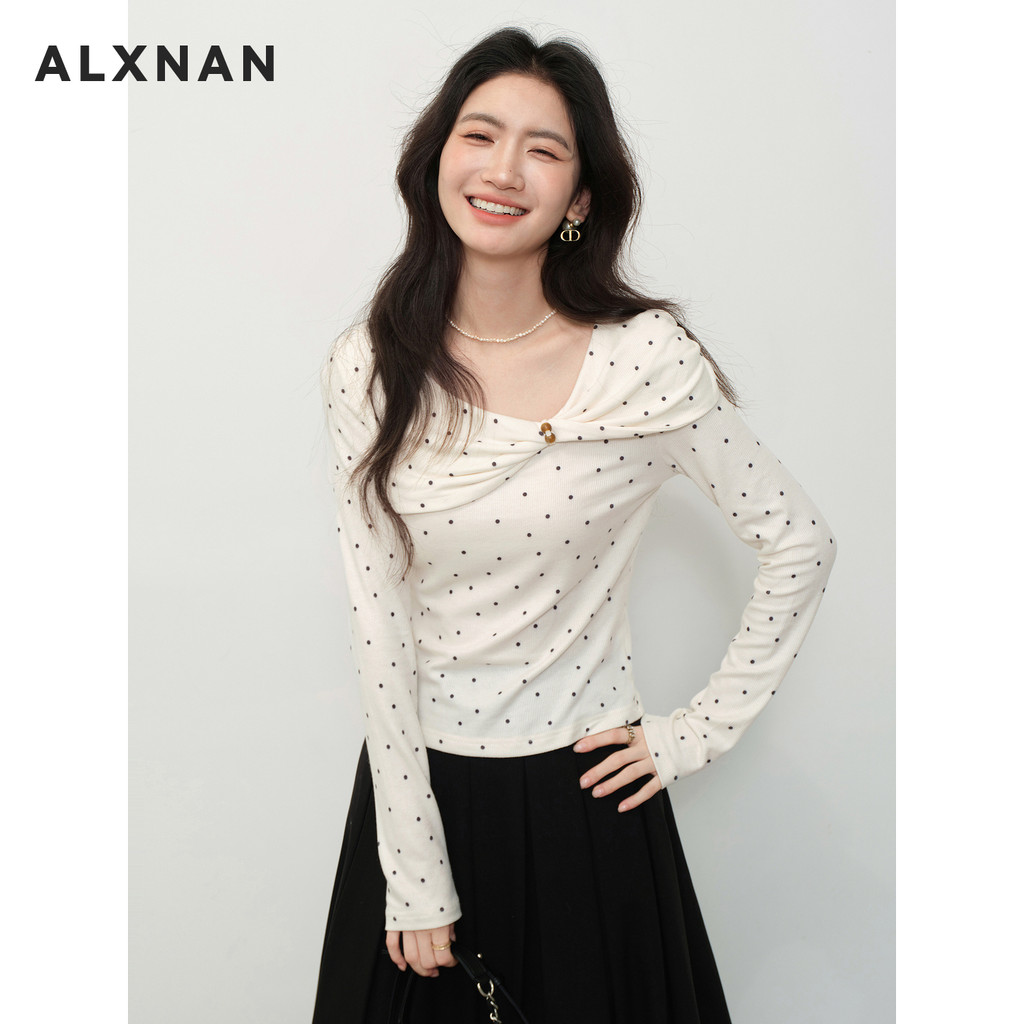 Lu Xiangnan {Nanzhi Apricot Tone} Apricot Chấm Bi Thiết Kế Áo Thun Dài Tay Nữ Thu Đông Phong Cách Mớ