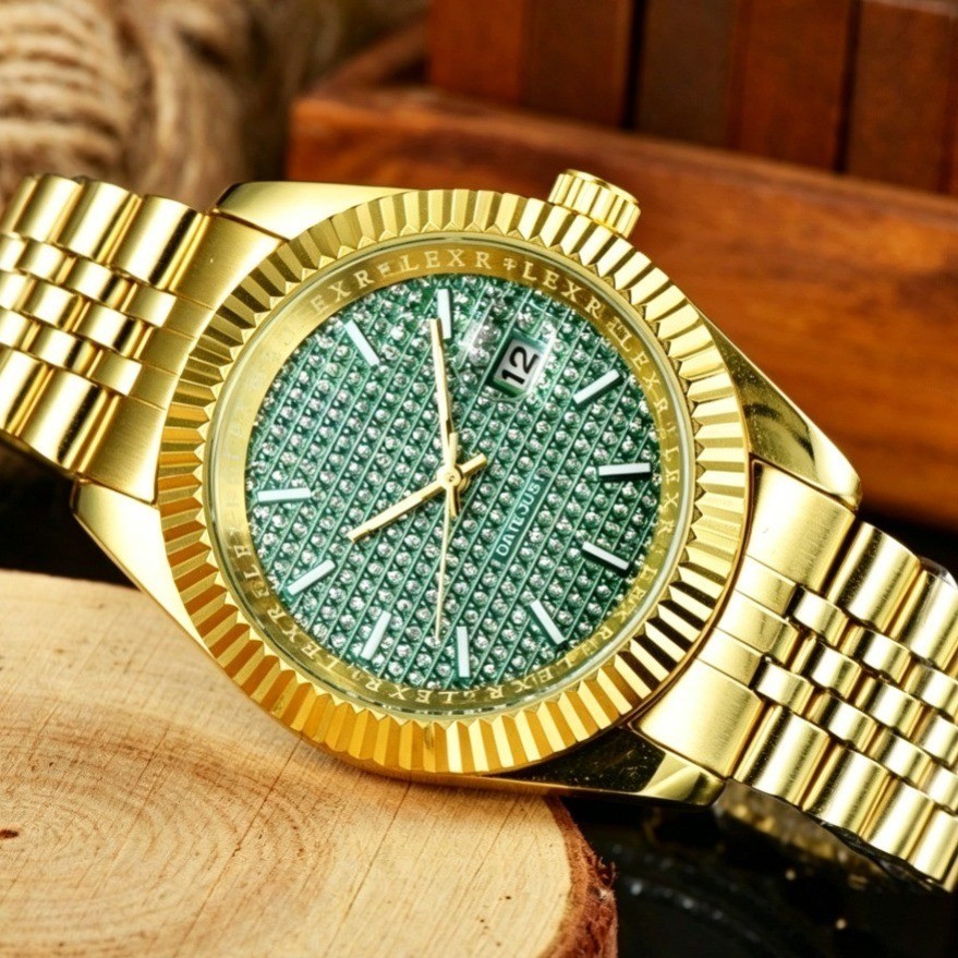 Nam Iced Out Full Kim Cương Đồng Hồ Sáo Viền Số La Mã Mặt Số Thép Không Gỉ Ngày Hip Hop Bling Thạch 