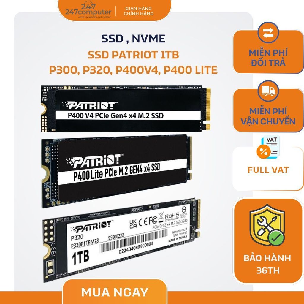 Ổ cứng SSD Patriot P300, P320, P400v4, P400 Lite  1TB M.2 2280 PCIe Gen3 x4 - BH 60 tháng