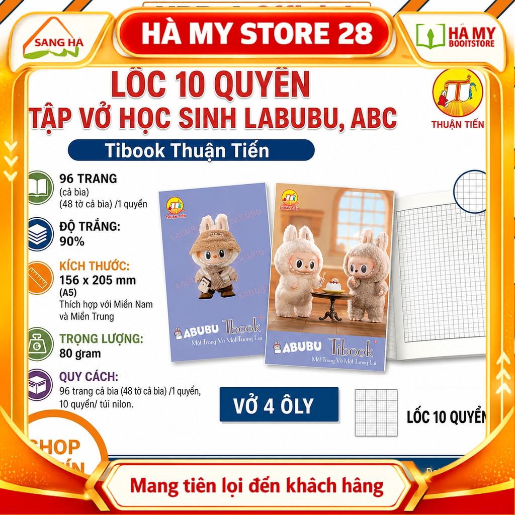 (LỐC 10 QUYỂN) TẬP VỞ HỌC SINH LABUBU – ABC TIBOOK THUẬN TIẾN 96 TRANG A5 – GIẤY 80GSM, VỞ 4 Ô LY