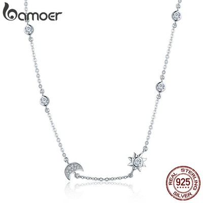 Dây Chuyền Bamoer Mặt Hình Mặt Trăng Ngôi Sao Bằng Bạc 925 Lấp Lánh Cho Nữ SCN272
