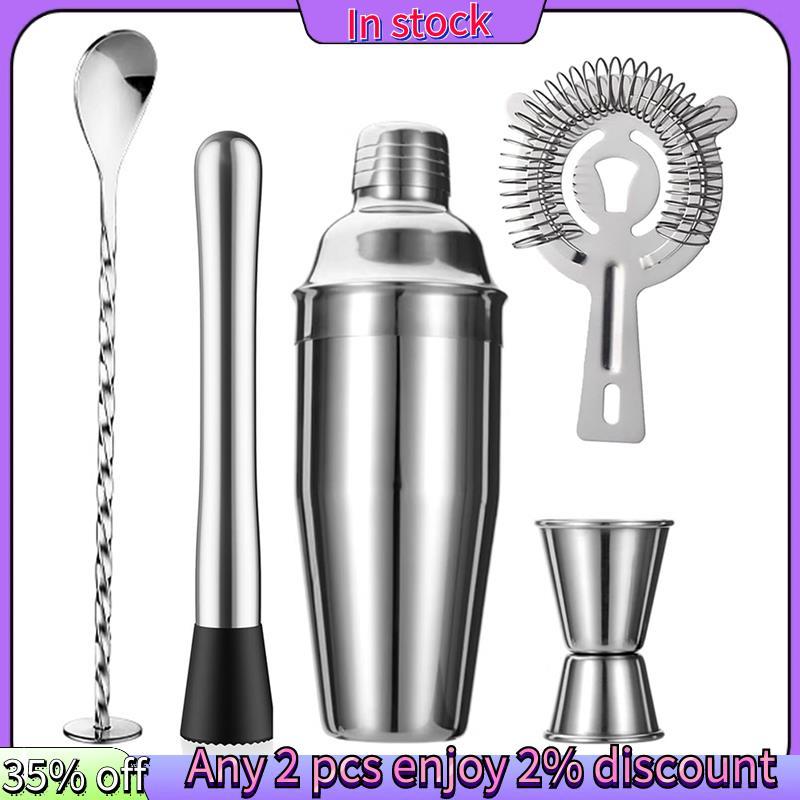 Còn hàng-5-Piece Cocktail Shaker Set Shaker Strainer Jigger T-Mixing Spoon Muddler Bartender Kit Bộ 