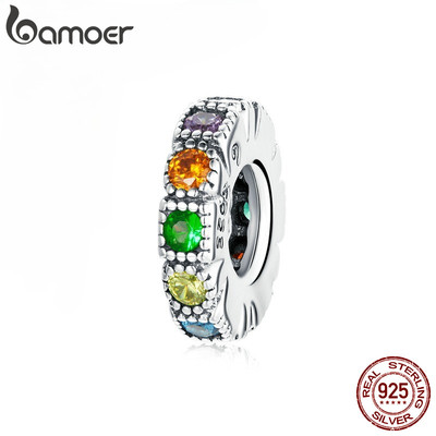 Hạt phụ kiện Bamoer bạc 925 đính đá cầu vồng làm trang sức vòng tay thời trang BSC473