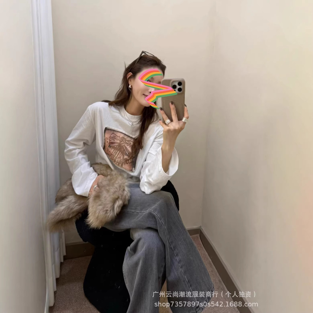 Acne Studios 26Vintage Bow Print Appliqué Long Sleeve T Women's T-shirt Women's Loose-Fit Casual Rou