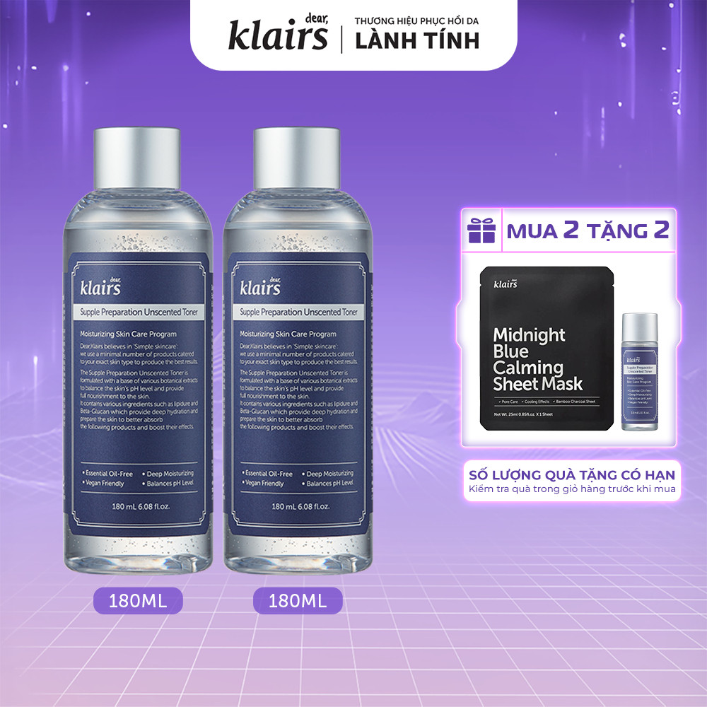 Combo 2 Nước hoa hồng Dear, Klairs Supple Preparation Unscented Toner cấp ẩm hỗ trợ làm sáng da 180ml [FS]