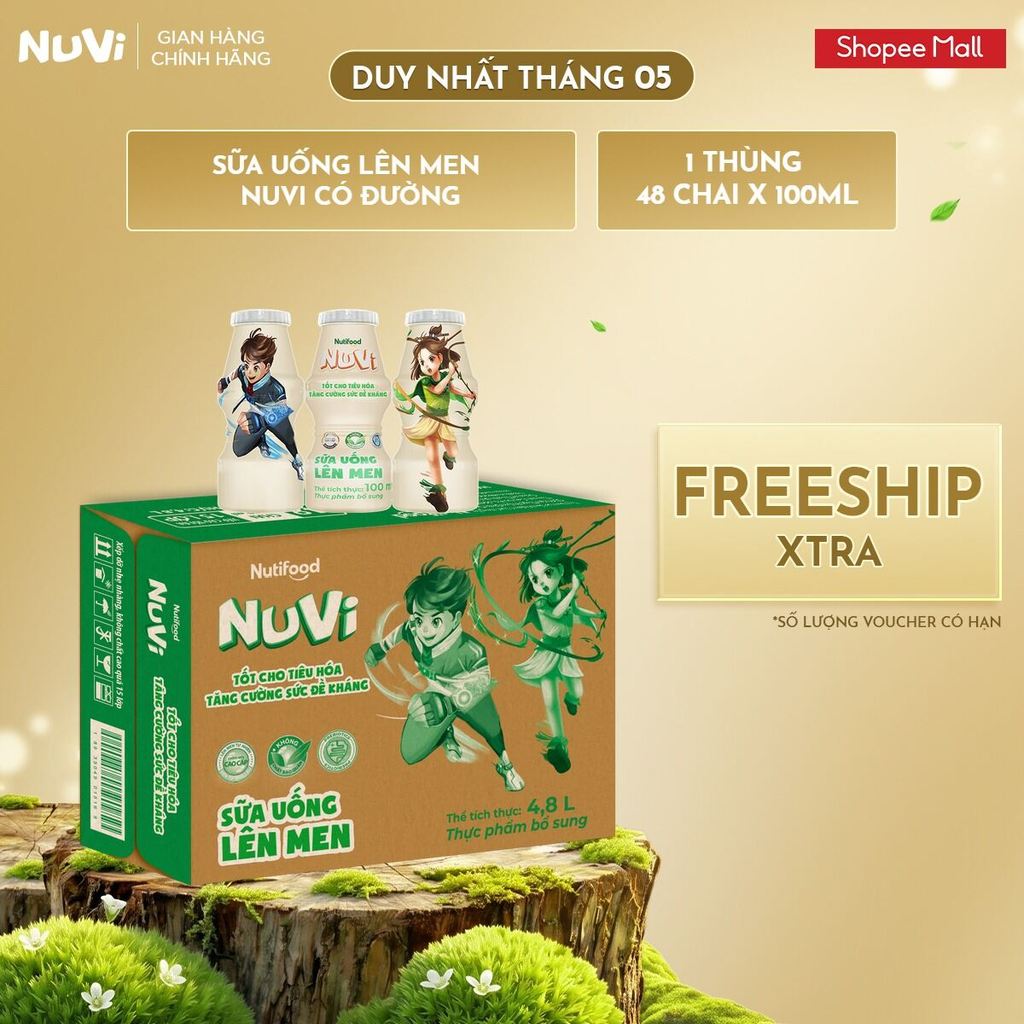 Thùng 48 Chai Sữa Uống Lên Men NuVi Có Đường/Dâu/Cam 100ml