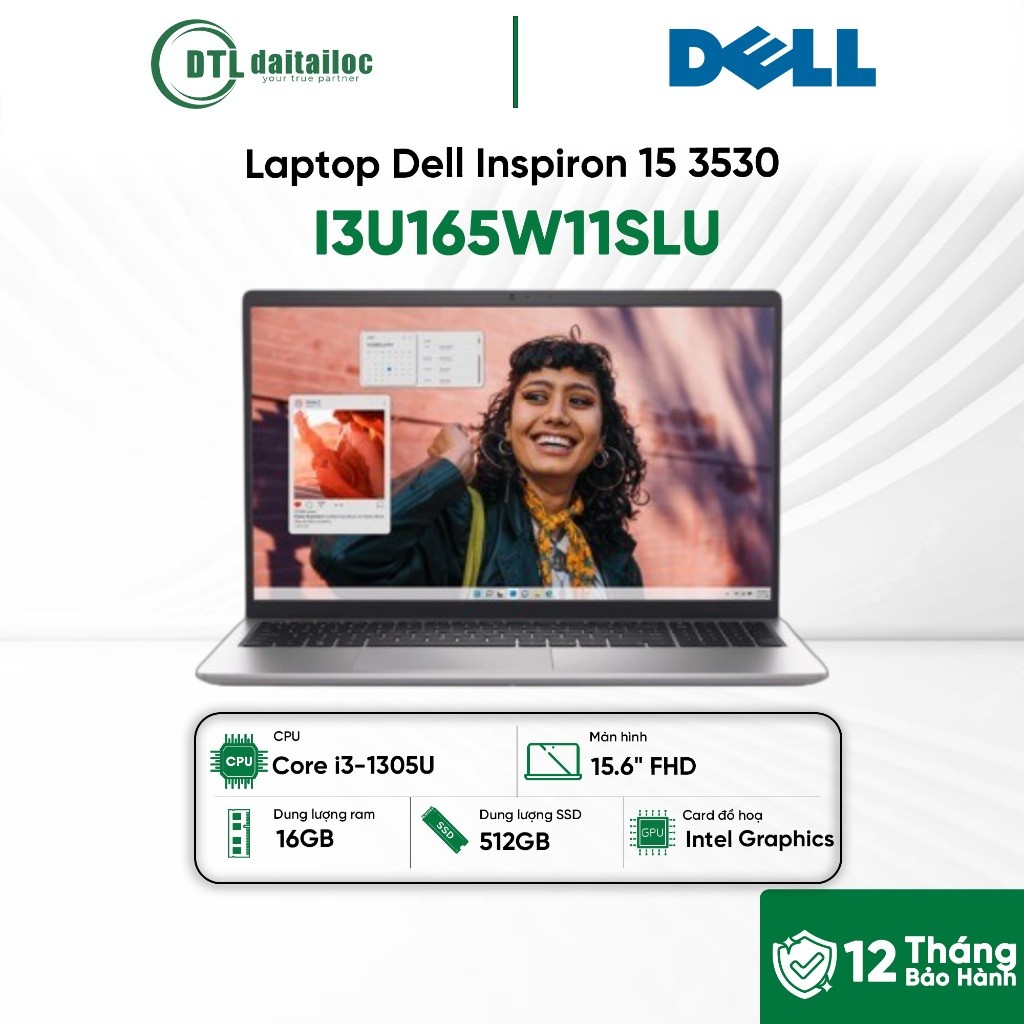 Laptop Dell Inspiron 15 3530 I3U165W11SLU i3-1305U 16GB 512GB SSD 15.6" FHD Win11 Office | Chính hãn