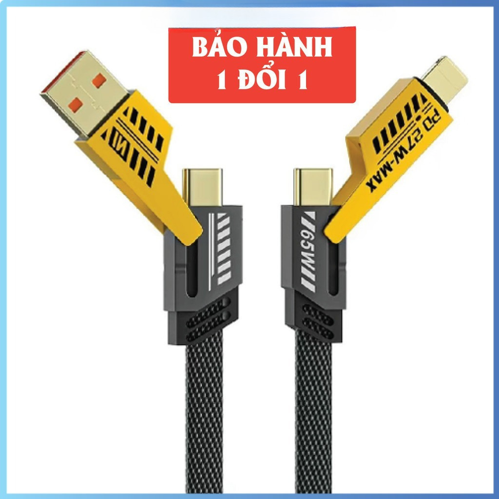 Cáp sạc 4in1, Dây sạc nhanh tối đa 65W. Dây dù, đầu cáp kim loại, chống gẫy - Dây sạc 4 in 1.