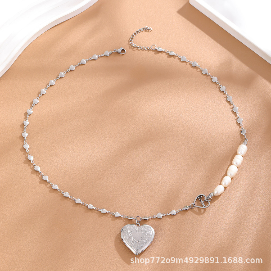 Popular~Hot-selling vintage stainless steel freshwater pearl photo holder heart-shaped locket pendan