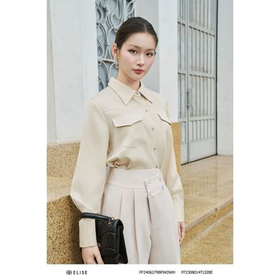 Áo sơ mi lụa be túi ngực phối tweed thiết kế Elise FF2308014TLSIBE