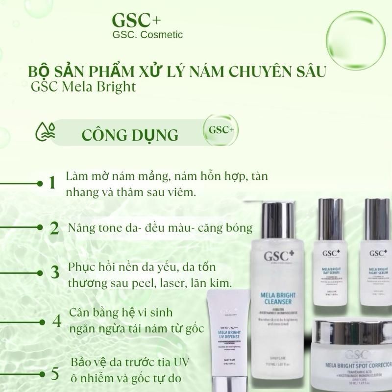 Bộ mỹ phẩm chăm sóc da nám GSC MELA BRᶖgHT. Giảm nám, mờ tàn nhang, chống thâm
