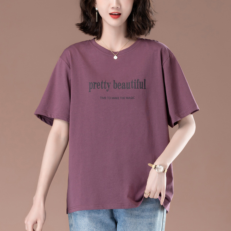 All Cotton Short Sleeve T-shirt Women's Summer plus-Sized plus Size Women's Loose Mom Casual Versati