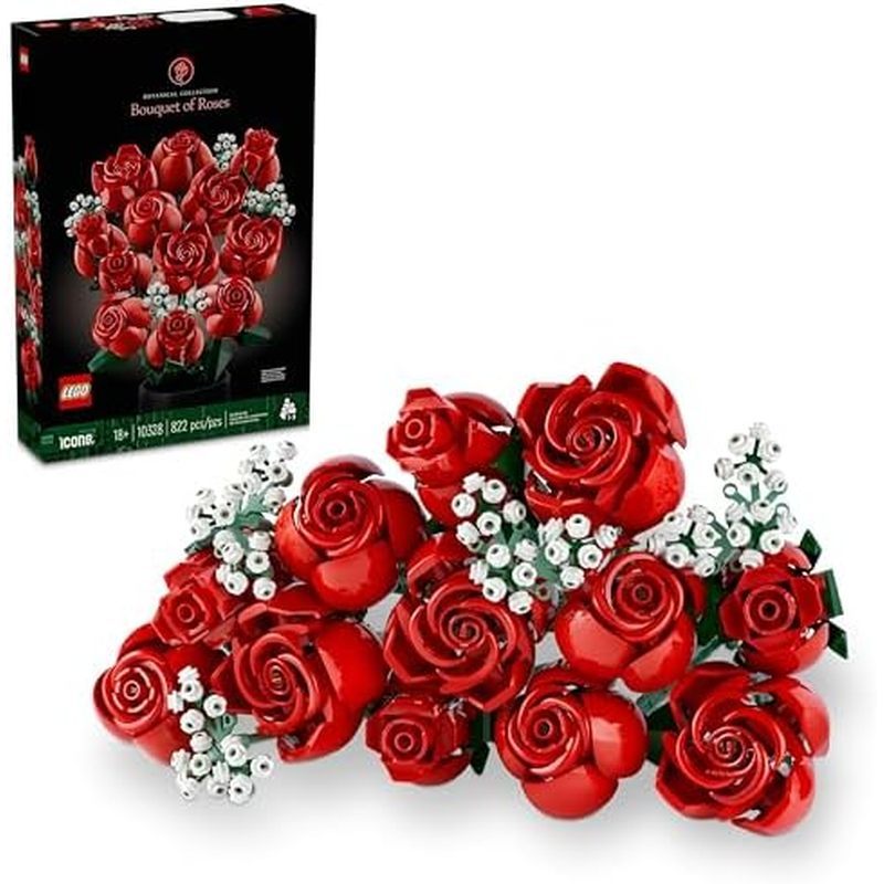 LEGO Botanicals Bouquet of Roses Artificial Flowers - Fake Red Roses Building Set for Adults, Ages 1