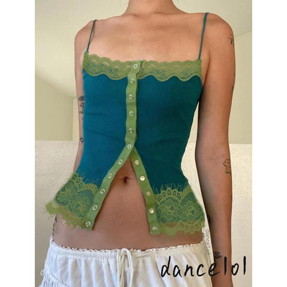 Dance1o1-Ladies 'thời trang phối màu ren viền nút ngực