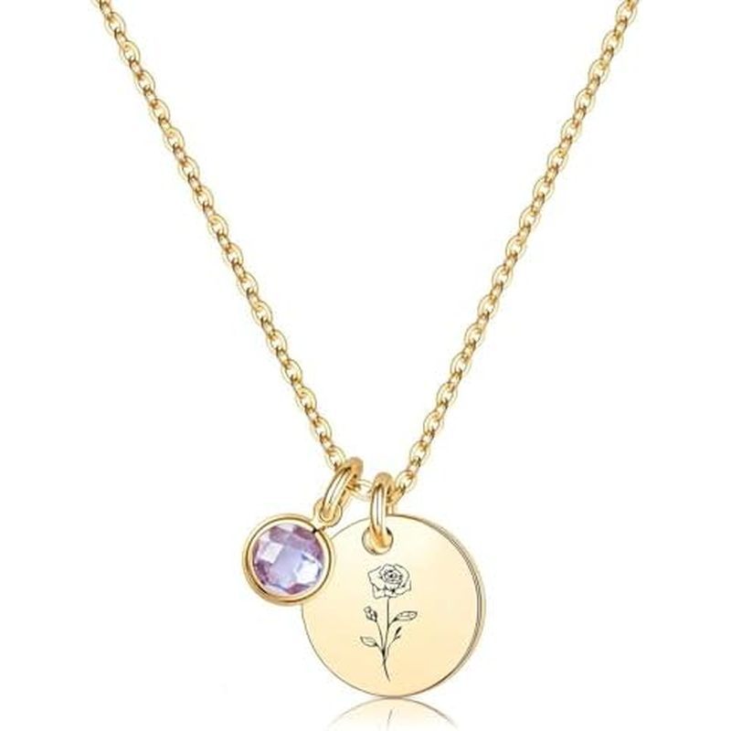 Birth Flower Necklaces for Women, 18K Gold Plated Dainty Birthstone Pendant Necklaces Handmade Birth