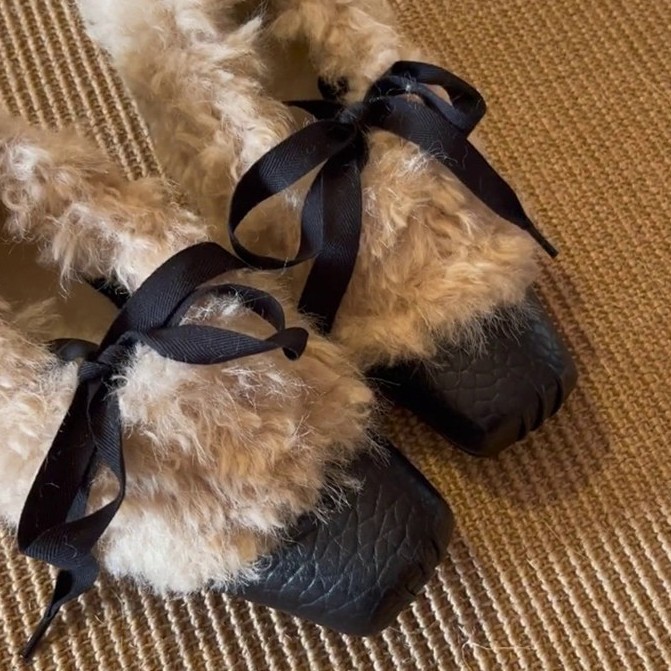 Sheepskin Version~Square-toed furry ballet shoes, low-cut lace-up cotton shoes, retro style with int