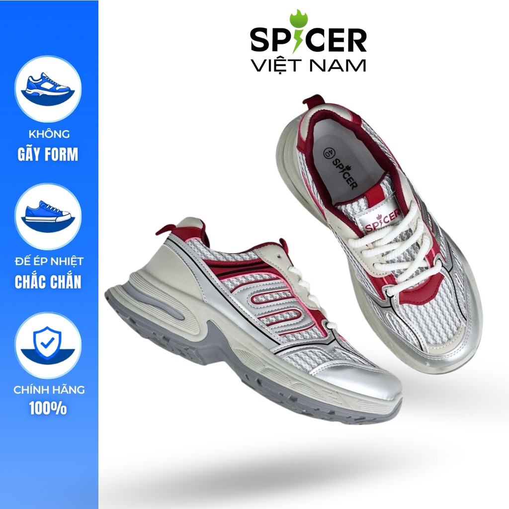 Giày thể thao nữ sneaker SPICE màu bạc đế 7cm, hightlight đỏ cá tính êm thoáng chuẩn form 901-0131