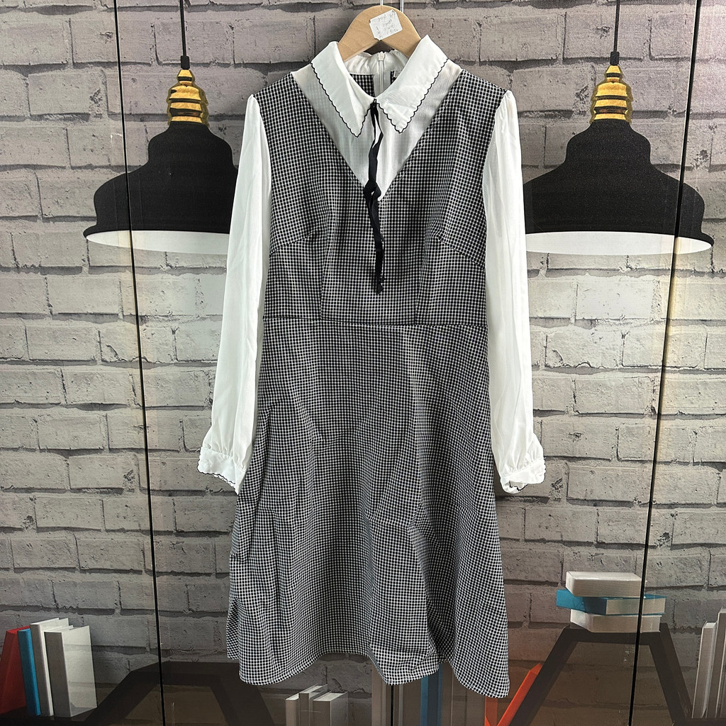 Bust 82 Chiều Dài 89 Màu Sắc Phù Hợp Giả 2 Miếng Dài Tay Mùa Xuân Đầm Nữ Nhỏ D414