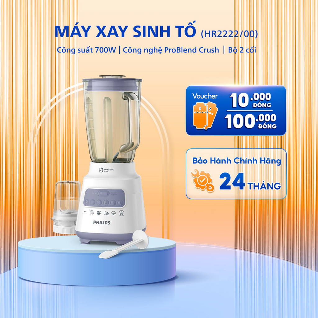 Máy Xay Sinh Tố PHILIPS HR2222/00 - Bộ 2 Cối - Cối Bằng Thuỷ Tinh - Bảo Hành Chính Hãng 24 Tháng