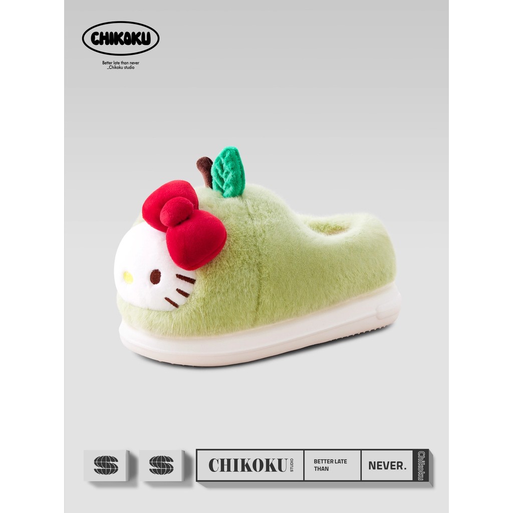 Chikoku Plush Apple Cotton Dép Hello Kitty Co-Branded Mùa Đông Sang Trọng Gót Giày Cotton Nữ Nhà