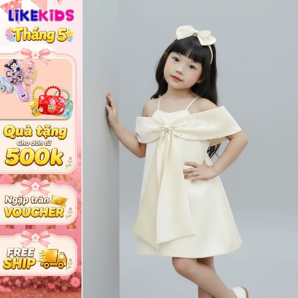 Đầm bé gái đỏ trễ vai nơ bự phối ngọc sang trọng, váy dự tiệc công chúa MH45 D65 - LikeKids